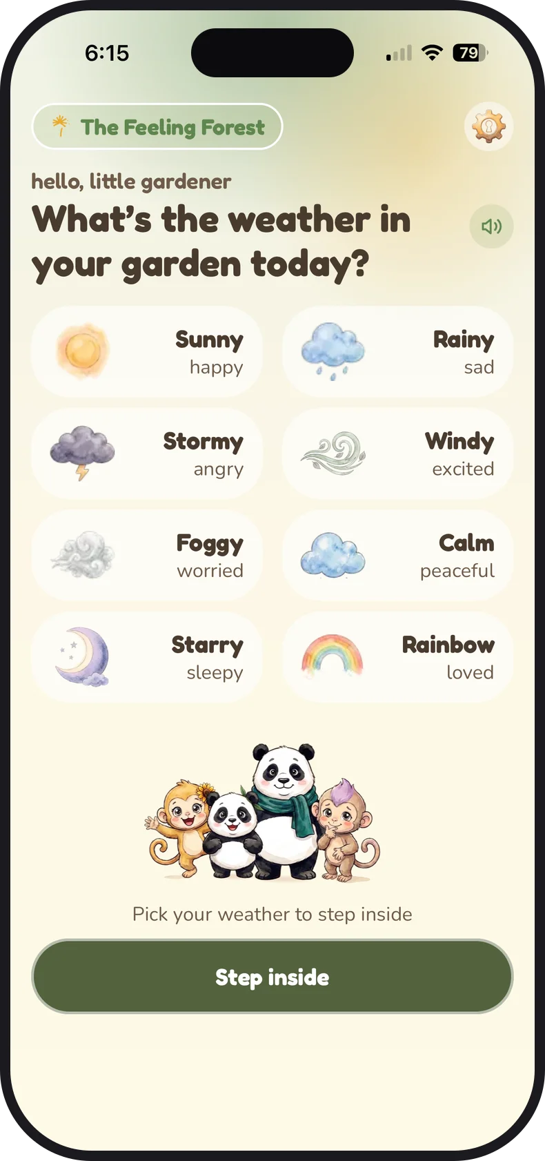 A preview of the Feeling Forest app’s first screen: “What’s the weather in your garden today?” with eight gentle weather choices — sunny, rainy, stormy, windy, foggy, calm, starry and rainbow — and the four forest friends waiting below.