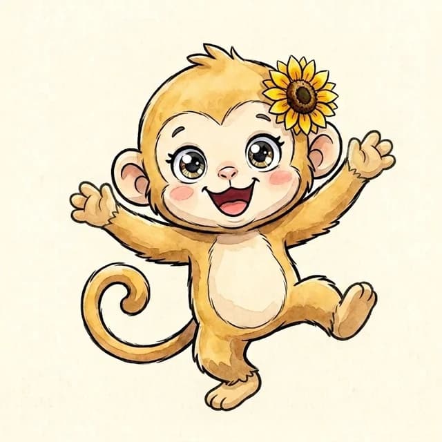 Mona, a monkey from The Feeling Forest, in the series' watercolor style