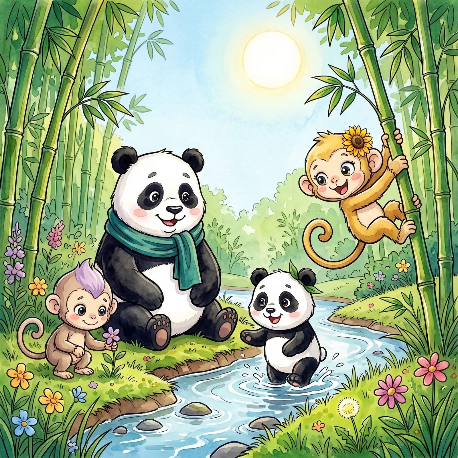 Pippy, Pat, Mona, and Miles — two pandas and two monkeys — playing beside a stream in the bamboo grove of Bamboo Hollow, painted in soft watercolor.