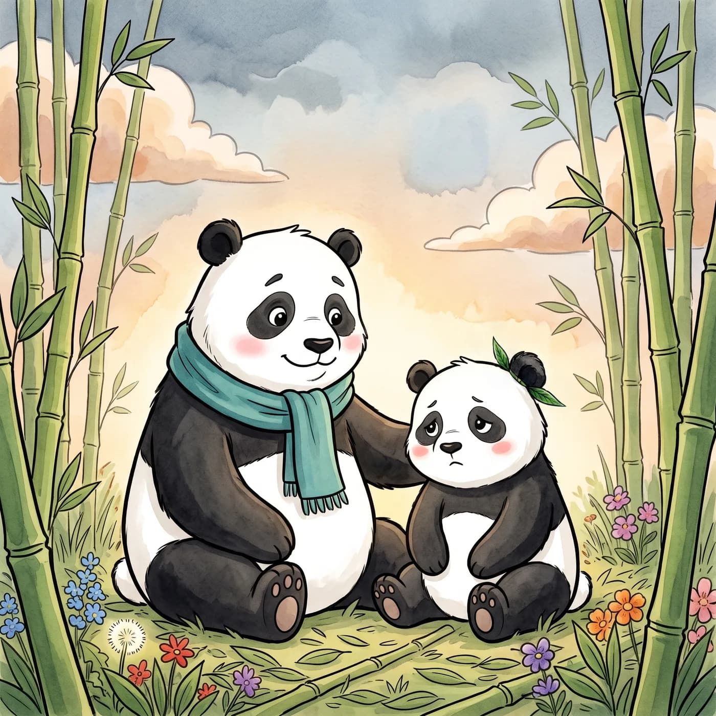 A spread from The Garden Inside: Pat, the tall panda with a teal scarf, sits gently beside a sad Pippy under a clearing storm sky in the bamboo grove.